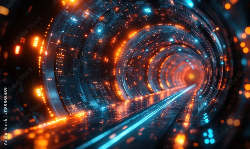 Naklejka premium Vibrant Sci-Fi Tunnel with Glowing Lines and Dynamic Motion Blur in Digital Abstract Art