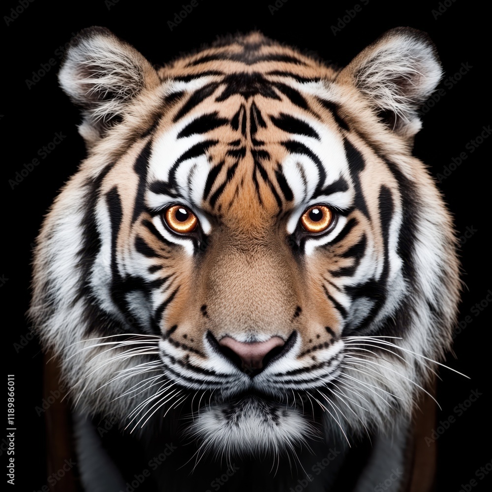 Obraz premium Powerful and intense close-up of a tiger with piercing eyes, its expression fierce as it stares directly at the viewer, surrounded by a dark backdrop to emphasize its strength and wild nature