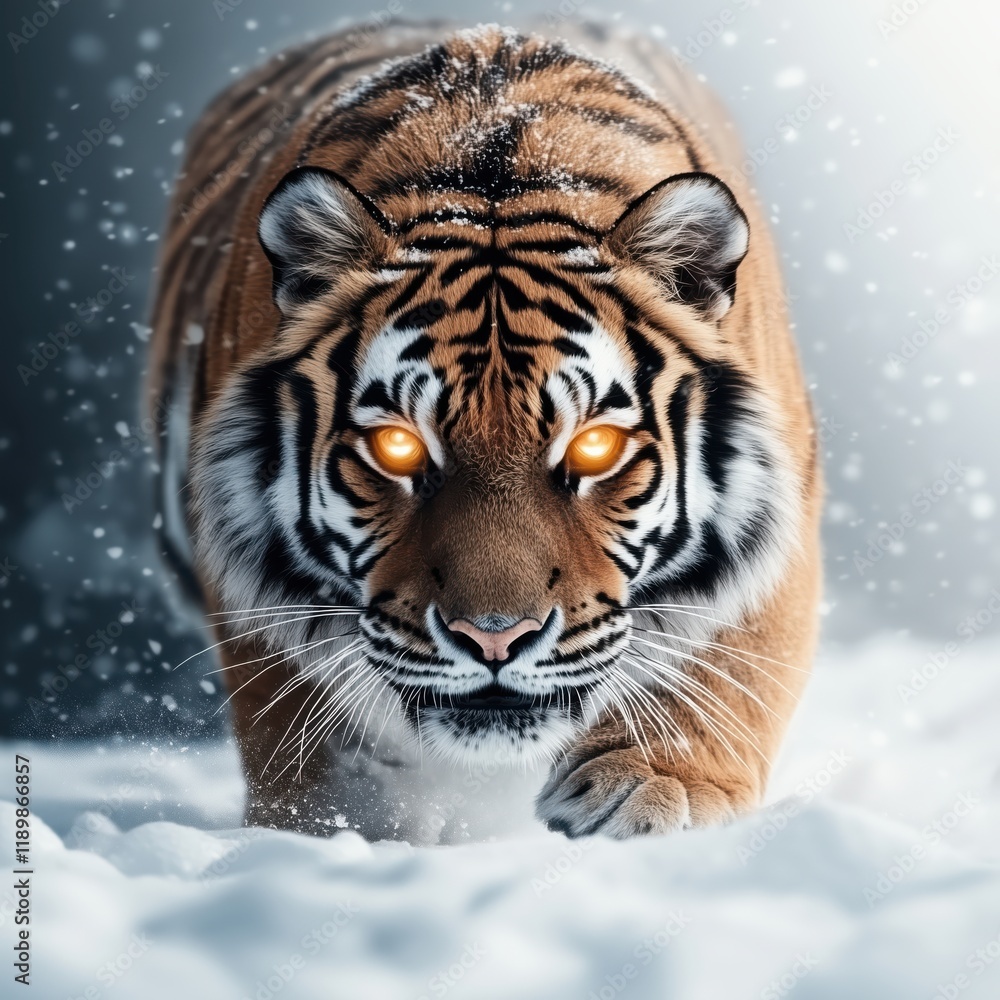 A powerful tiger with glowing eyes walking through snow, showcasing its strength and intensity in a dynamic, action-filled shot A powerful tiger with glowing eyes walking through snow, showcasing its strength and intensity in a dynamic, action-filled shot