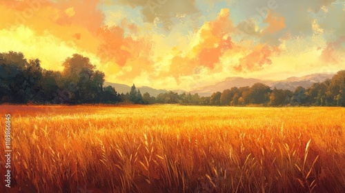 Stunning autumn landscape with a vast golden wheat field stretching out towards rolling hills and mountains under a vibrant warm hued sunset sky filled with dramatic clouds  Peaceful