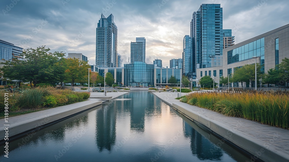 Modern Cityscape Reflecting in Tranquil Water Canal Modern Cityscape Reflecting in Tranquil Water Canal