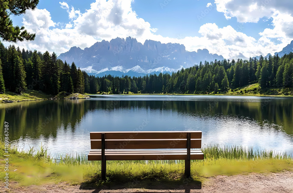 A wooden bench sits by a lake, with mountains in the background A wooden bench sits by a lake, with mountains in the background