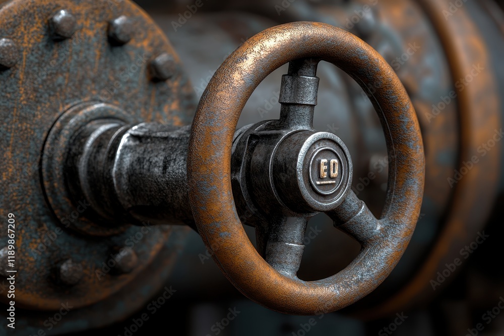Close-Up View of a Rustic Industrial Valve Handle with Weathered Surface and Detailed Texture, Symbolizing Machinery and Mechanical Engineering Elements Close-Up View of a Rustic Industrial Valve Handle with Weathered Surface and Detailed Texture, Symbolizing Machinery and Mechanical Engineering Elements