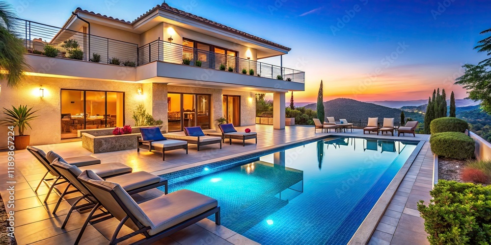 Fototapeta premium Panoramic Luxury Villa: Azure Pool, Mediterranean Escape, Sunbeds, Modern Design