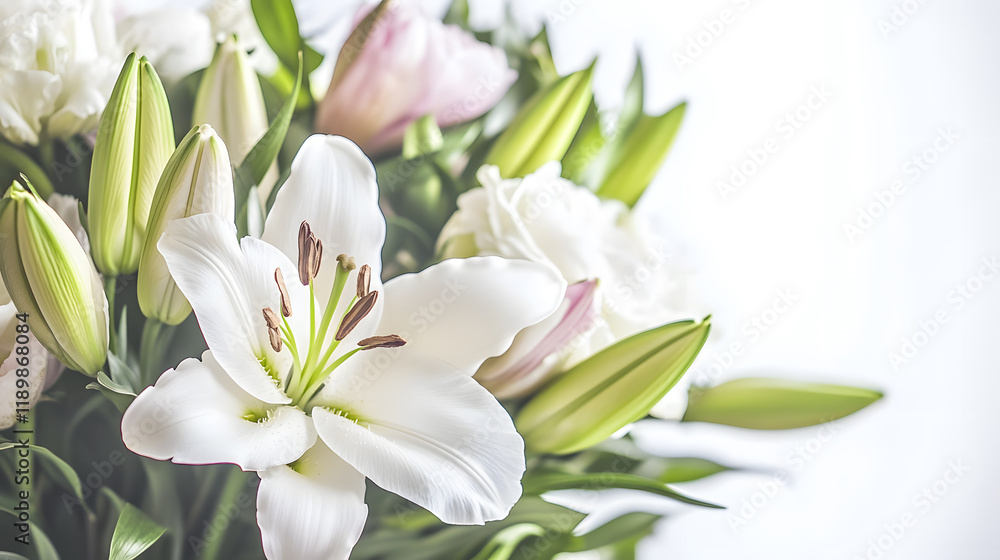 Close-up of a bouquet featuring a prominent white lily, surrounded by other white and pale pink flowers and buds. Soft, natural lighting creates a serene and elegant atmosphere. Close-up of a bouquet featuring a prominent white lily, surrounded by other white and pale pink flowers and buds. Soft, natural lighting creates a serene and elegant atmosphere.