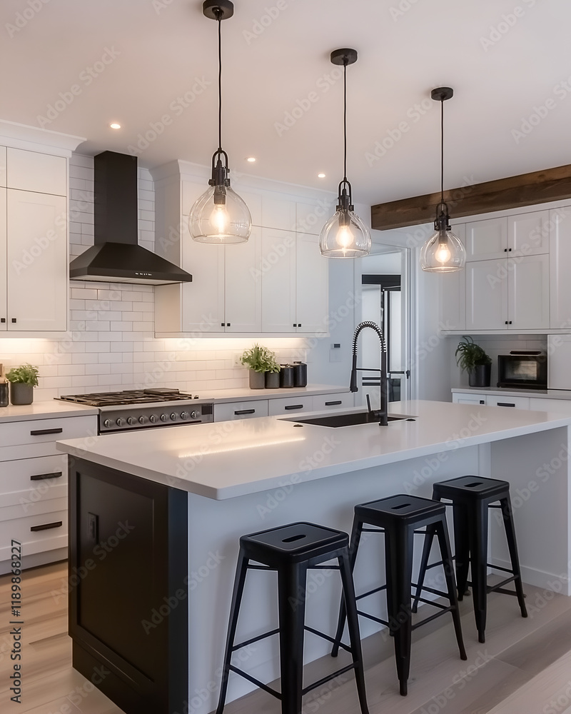 Minimalist kitchen design with white cabinets, sleek countertops, and hanging pendant lights, mock up ready. Resident and Apartment Mockup and concept Minimalist kitchen design with white cabinets, sleek countertops, and hanging pendant lights, mock up ready. Resident and Apartment Mockup and concept