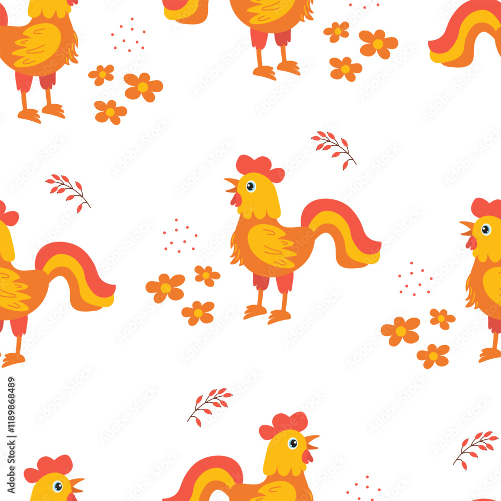 Fototapeta premium Colorful chicken pattern design with flowers and vibrant colors for diverse applications