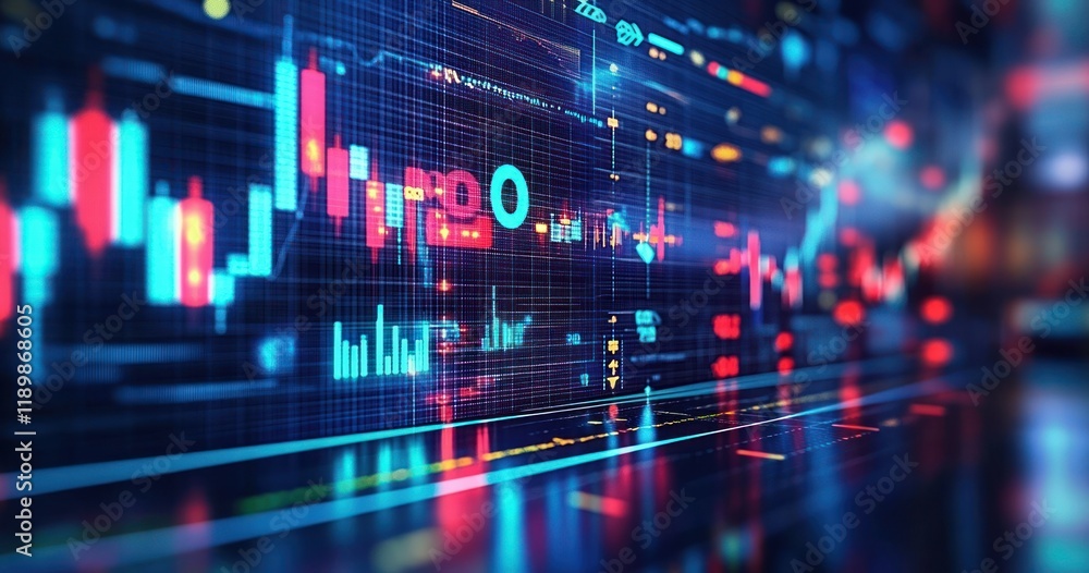 Futuristic Stock Market Visualization with Neon Charts and City Skyline Futuristic Stock Market Visualization with Neon Charts and City Skyline