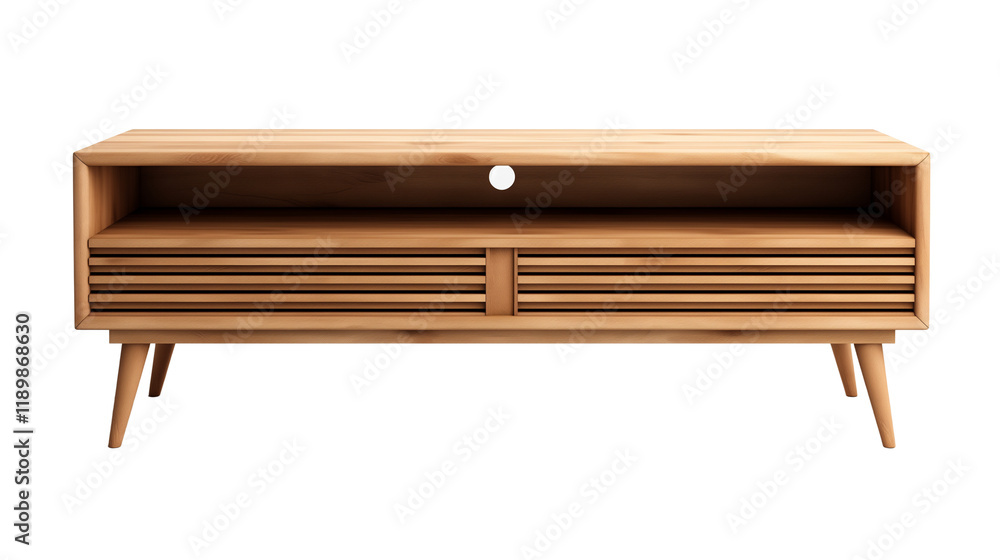 Modern oak wood media console with slats, isolated on transparent background Modern oak wood media console with slats, isolated on transparent background