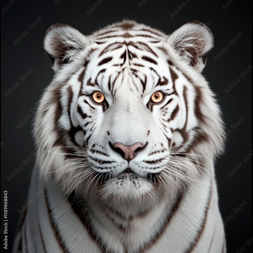 Close-up of a majestic white tiger staring intensely with piercing eyes against a dark background Close-up of a majestic white tiger staring intensely with piercing eyes against a dark background