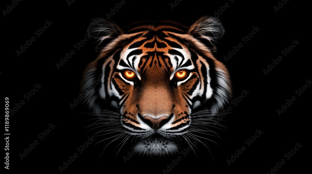 Digital Illustration of a Tiger's Face with Glowing Eyes Against a Black Background Digital Illustration of a Tiger's Face with Glowing Eyes Against a Black Background