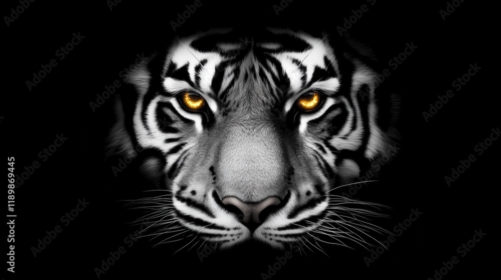 Obraz premium Digital illustration of a tiger’s face with glowing yellow eyes on a black background, with intricate details