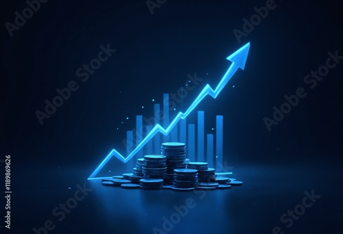 Accelerating Financial Growth: Futuristic Visualization of Stacked Coins and Upward Trends Highlighting Digital Economy Progress and Investment Success.