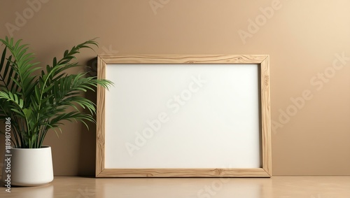 A clean warm taupe background offers a blank wooden signage board with ample space for text