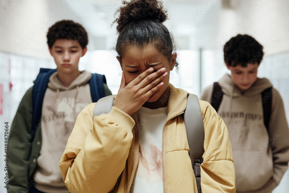 Upset Teen Girl Crying in School Hallway After Bullying . Upset Teen Girl Crying in School Hallway After Bullying .