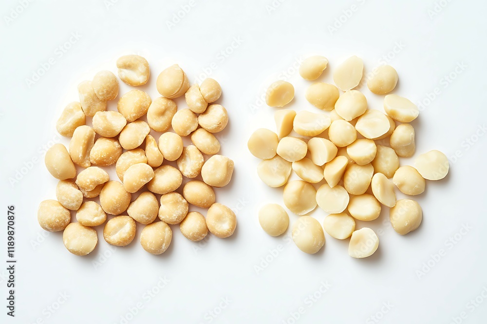 Macadamia nuts isolated on white background. Top view, flat lay Macadamia nuts isolated on white background. Top view, flat lay