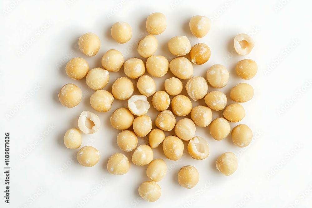 Peeled macadamia nuts on white background. Top view Peeled macadamia nuts on white background. Top view
