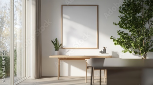 The modern home office features a bright interior with an empty framed poster on a white wall, bathed in natural sunlight. The design emphasizes a clean, contemporary look with a focus on a mockup con photo