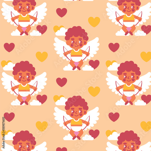 Seamless pattern of Cupids with bows, hearts, and clouds on a pink background. Valentine's Day cartoon design for cards, banners, and wallpaper