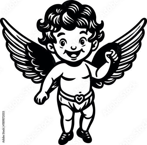 Wallpaper Mural Happy cherub with wings and heart-shaped belt buckle. Black and white line art illustration for Valentine's Day design Torontodigital.ca