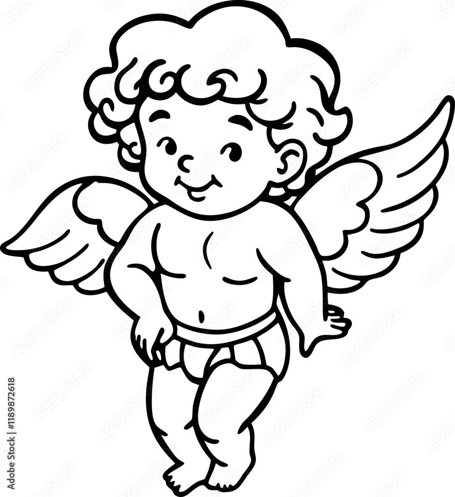 Illustration of smiling cherub with wings in black and white. Vintage-style line art for Valentine's Day greeting card or coloring page Illustration of smiling cherub with wings in black and white. Vintage-style line art for Valentine's Day greeting card or coloring page