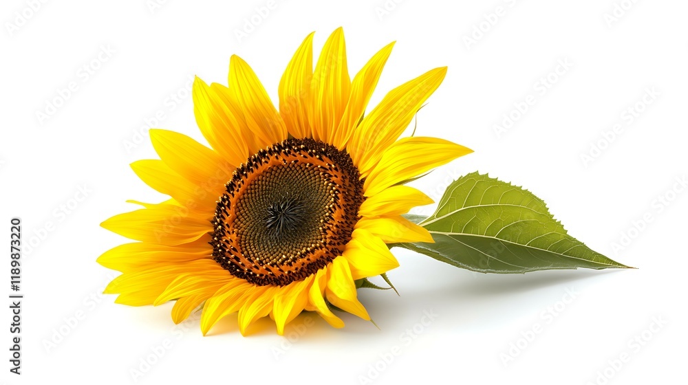 Obraz premium Sunflower flower with leaves on white background with space for text