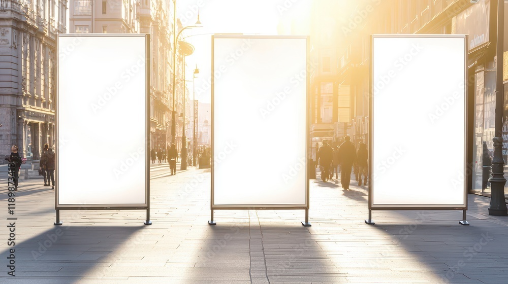 Three city roll-up banners are set up on the streets for a commercial advertisement, featuring mock-up designs for versatile promotional use. The banners are designed to attract attention and convey c Three city roll-up banners are set up on the streets for a commercial advertisement, featuring mock-up designs for versatile promotional use. The banners are designed to attract attention and convey c