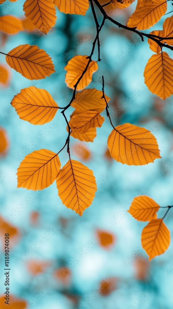 Obraz premium Close-up of golden autumn leaves against a soft blue background, showcasing the beauty of nature during the fall season with blurred bokeh effect.