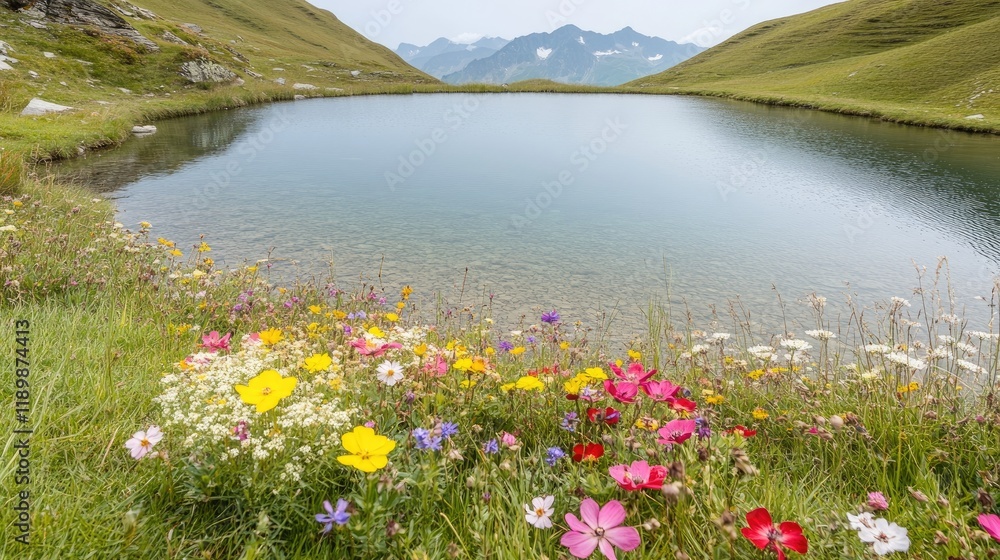 Obraz premium Alpine Wildflower Meadow by Tranquil Mountain Lake Surrounded by Vibrant Nature