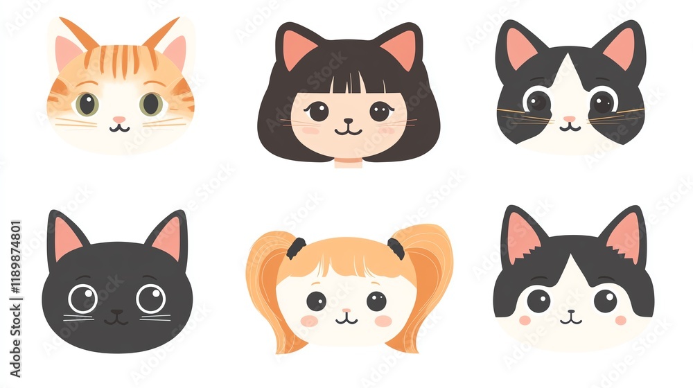 A collection of vector illustrations of different cat breeds, including Sphynx, Scottish Fold, and Ragdoll, in a lovely flat design style with a white background A collection of vector illustrations of different cat breeds, including Sphynx, Scottish Fold, and Ragdoll, in a lovely flat design style with a white background