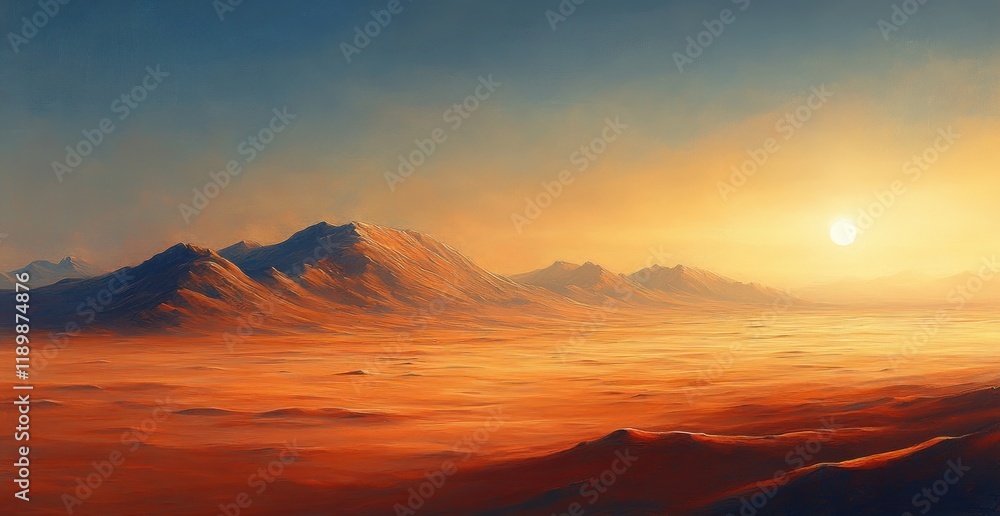 Fototapeta premium Surreal Martian Landscape with Dust Storm and Ethereal Light over Rust Dunes and Mountains
