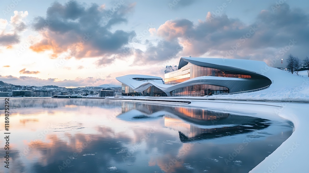 Modern Architecture Reflecting in Winter Waterscape at Sunset Modern Architecture Reflecting in Winter Waterscape at Sunset