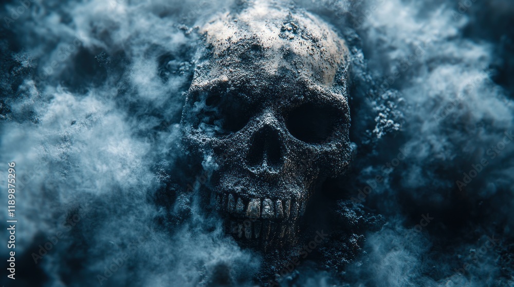 Decaying skull engulfed in smoke and dirt. Decaying skull engulfed in smoke and dirt.