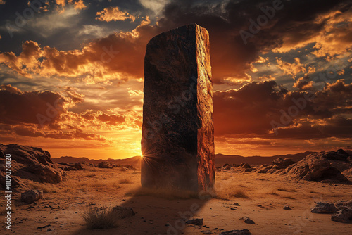 A massive stone monolith standing alone in the middle of an expansive desert, with a dramatic sky and setting sun behind it. photo