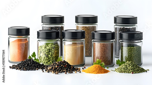 Fototapeta Naklejka Na Ścianę i Meble -  Eight glass spice jars with black lids filled with various spices and herbs.  Black peppercorns and turmeric are scattered on the table. A clean, modern kitchen setting.
