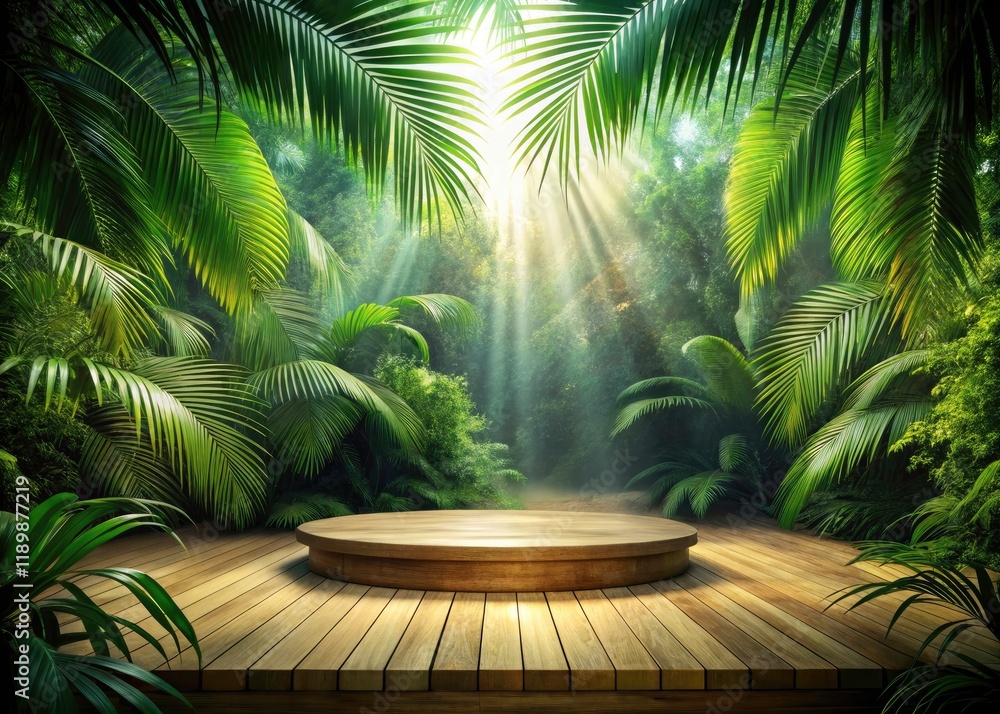 Fototapeta premium Surreal Tropical Podium: Empty Wooden Platform in Lush Jungle, Palm Leaves, Green Background, Fantasy Forest Stage