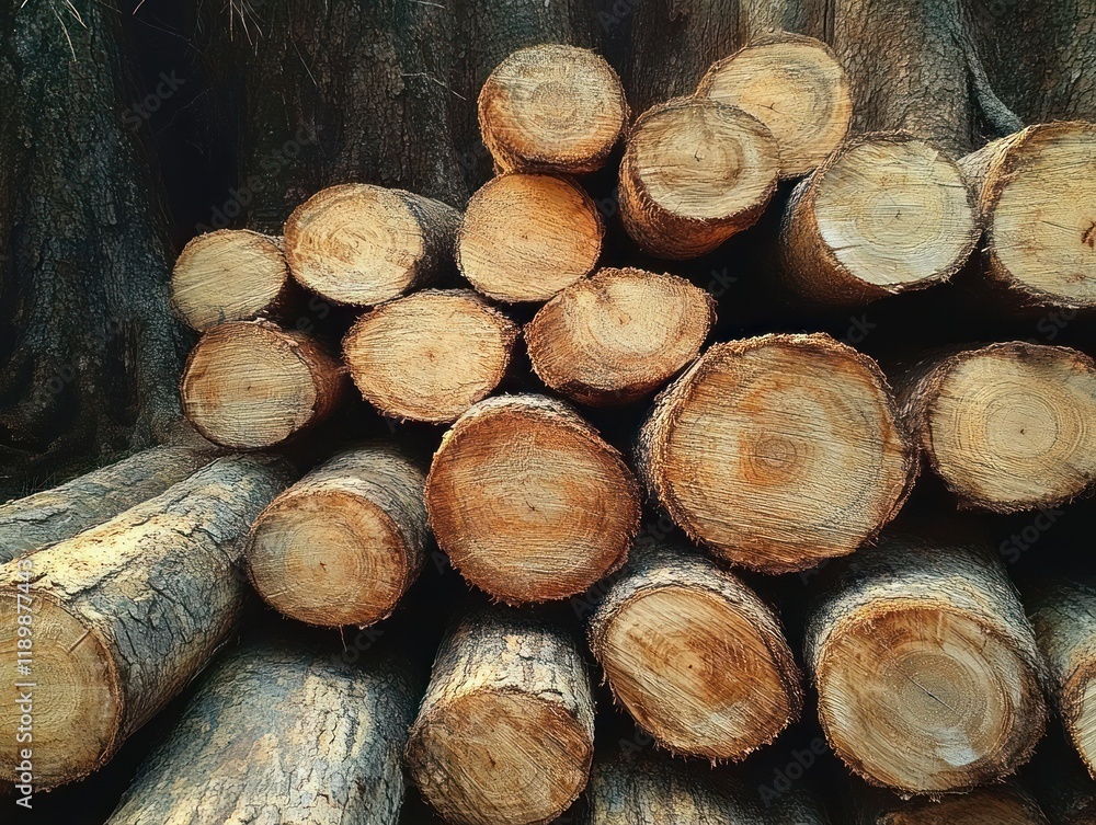Close Up View of Rustic Stacked Wooden Logs with Natural Patterns and Textures Illuminated by Soft Sunlight Close Up View of Rustic Stacked Wooden Logs with Natural Patterns and Textures Illuminated by Soft Sunlight