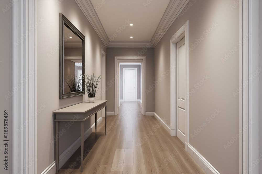 Obraz premium Entrance hallway of a modern apartment with a console table, mirror, and wooden flooring, ideal for a mock up. Resident and Apartment Mockup and concept