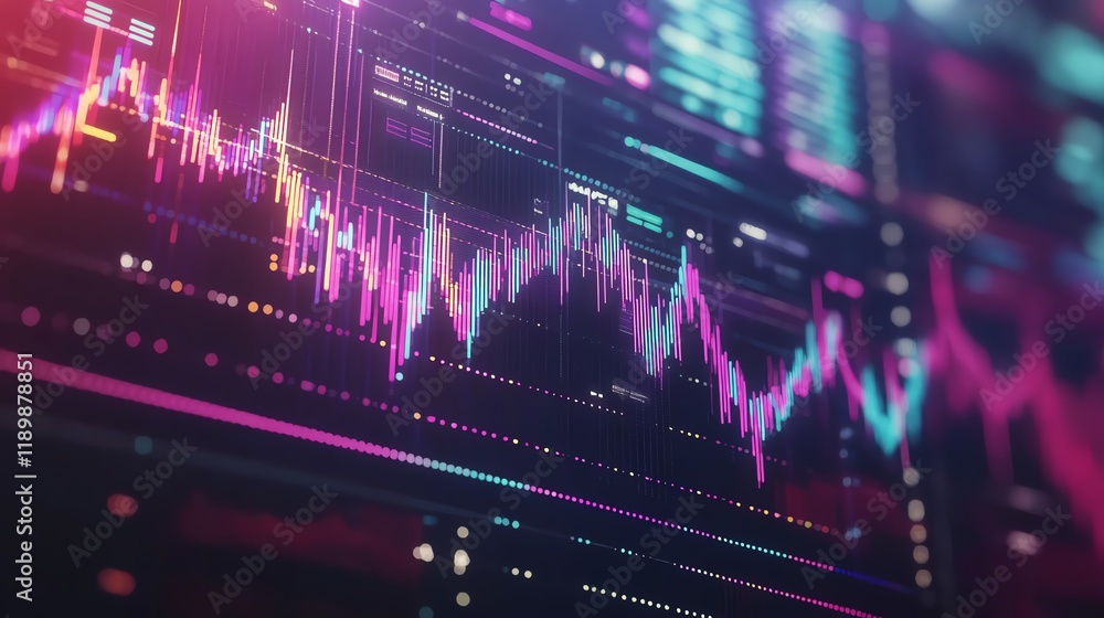 A digital business graph with intricate holographic overlays, displaying realtime stock data and futuristic market analytics, glowing neon colors and sharp details A digital business graph with intricate holographic overlays, displaying realtime stock data and futuristic market analytics, glowing neon colors and sharp details