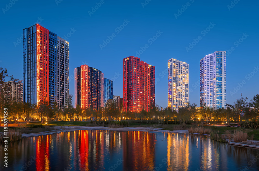 Naklejka premium A city skyline with a large body of water in the foreground
