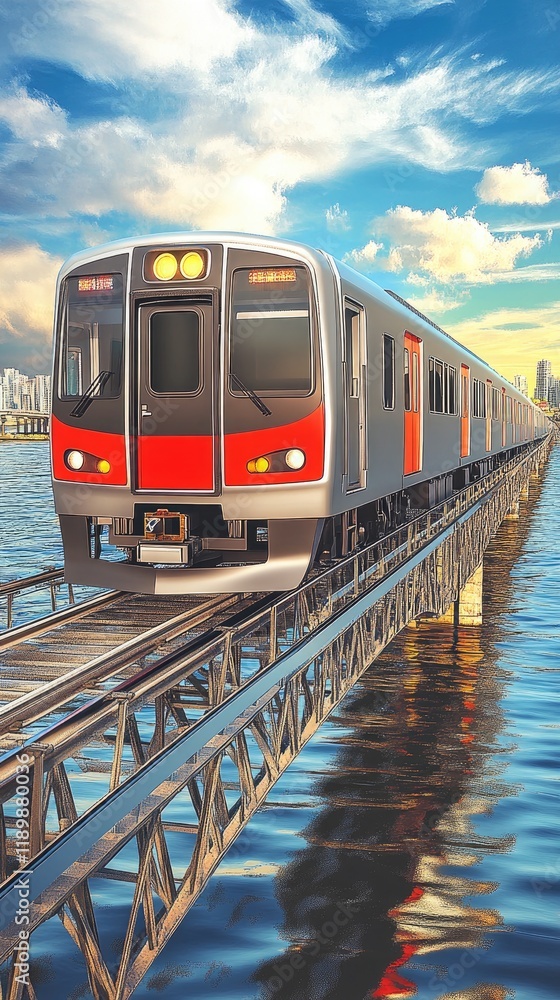 Naklejka premium Modern Train Crossing a Bridge Over Water on a Sunny Day