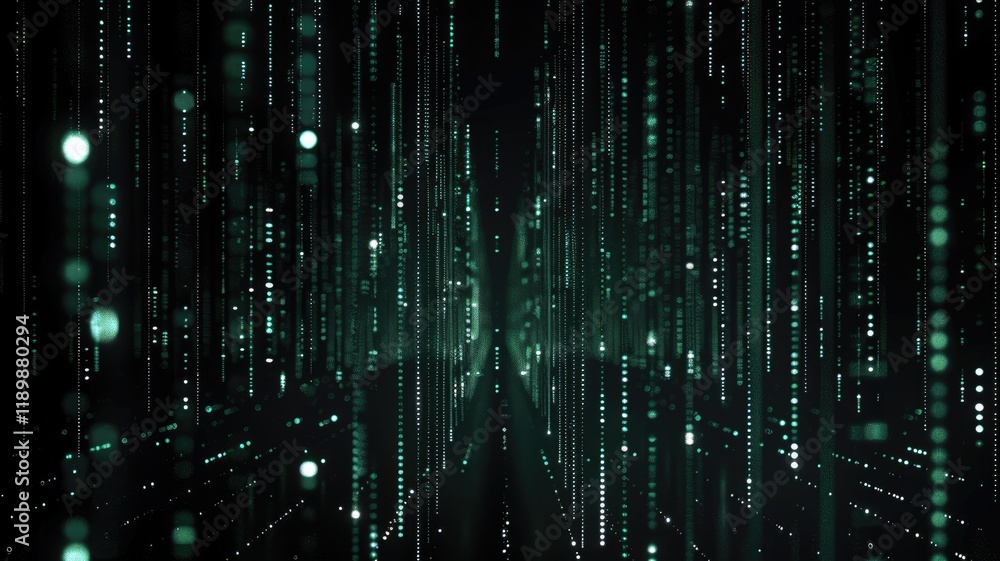 Abstract green digital shape or line of technological cyber style particle design connect in surreal electric style shape. High tech scene express mysterious pattern perfect for wallpaper. AIG53.