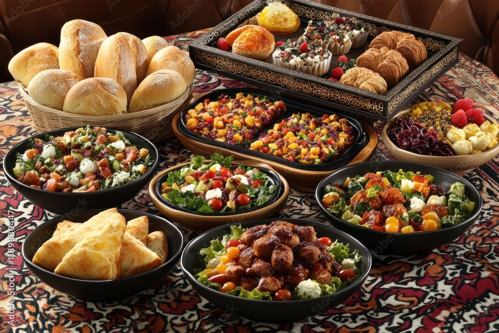 Obraz premium Delicious buffet spread; salads, pastries, and bread. Perfect for restaurant menu or catering