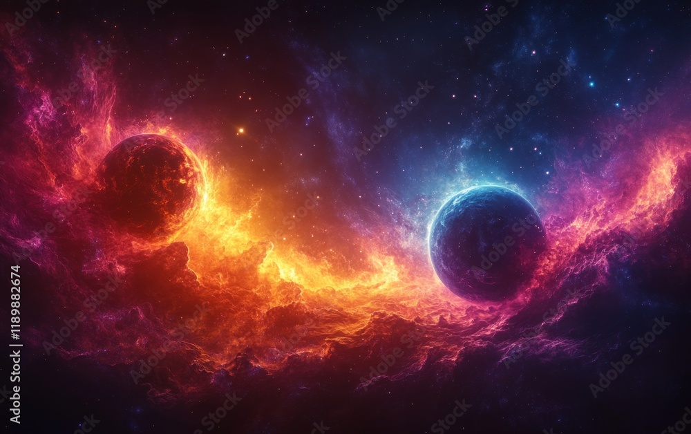 Cosmic Scene of Exoplanets Orbiting Near Vibrant Nebula in Surreal Space Art Cosmic Scene of Exoplanets Orbiting Near Vibrant Nebula in Surreal Space Art
