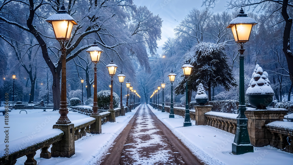 Obraz premium Winter Evening Walk: Snow-Covered Park Path