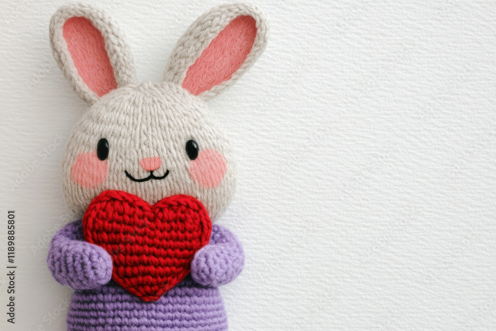 Obraz premium Adorable bunny in pastel lavender crochet sweater holding red heart. This cute plush toy brings joy and warmth to any space