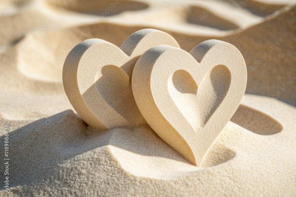 Fototapeta premium Close up of two heart shapes carved in fine sand, symbolizing love