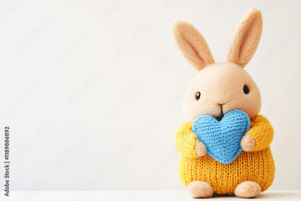 Obraz premium Plush bunny in yellow sweater holding blue heart, evoking warmth and joy