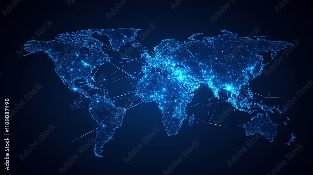 Fototapeta premium A global network concept with illuminated lines connecting key cities across the world map, symbolizing international business, global trade, and digital connections