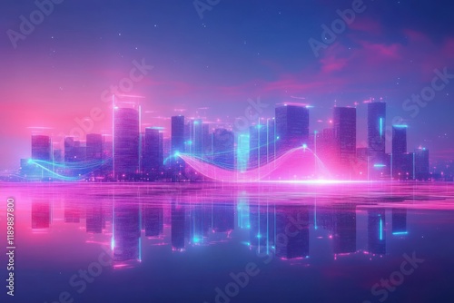 Wallpaper Mural Futuristic Cityscape at Dusk with Neon Lights and Serene Water Reflection Torontodigital.ca